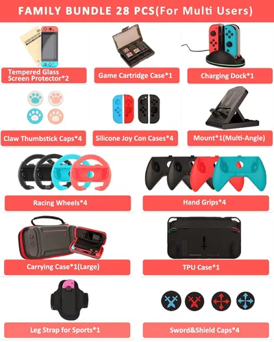 Vista 2 de Switch Accessories - Family Bundle Accessories for Nintendo Switch, Carry Case& Screen Protector,4 Pack Joy Con Grips and Steering Wheels, Case