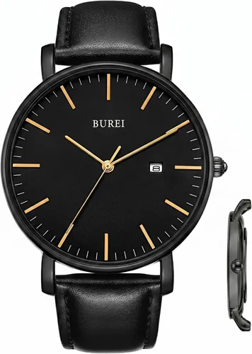 Vista 8 de BUREI Relojes de pulsera para hombre, relojes minimalistas de moda, analógicos de cuarzo, impermeables para hombres Banda negra negra