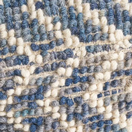 Vista 7 de GDFStudio Taburete otomano de lana y algodón estilo bohemio – Puf – Silla de pie – Sofá reposapiés para sala de estar, dormitorio, blanco y azul