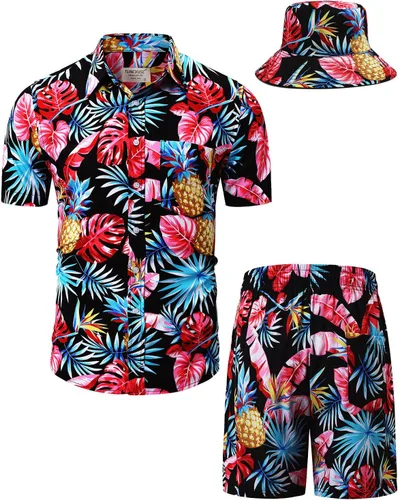 Vista 31 de TUNEVUSE Conjunto de camisas y pantalones cortos hawaianos para hombre, 2 piezas, trajes de playa con estampado de flores, traje tropical de verano