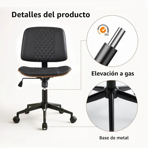 Vista 5 de Silla de escritorio de oficina con ruedas sin brazos, silla de computadora Negro