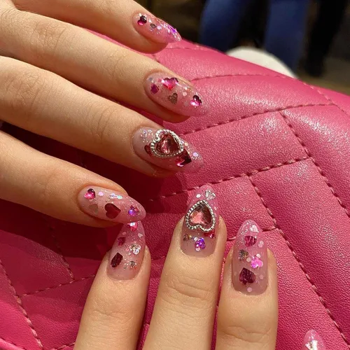 Vista 23 de Uñas postizas a presión de almendra, uñas postizas medianas con diseños de estampado francés de lámina dorada 3D, pegamento dorado Starlight en uñas