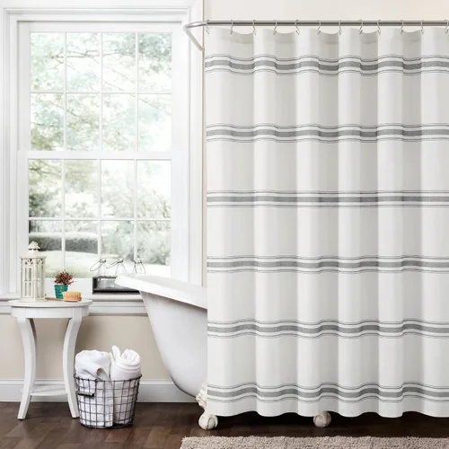 Vista 12 de [Usado] Cortina de regadera de algodón a rayas estilo rústico de Lush Decor, 72 x 72 pulgadas, negra - Cortina de baño a rayas - Cortinas de ducha