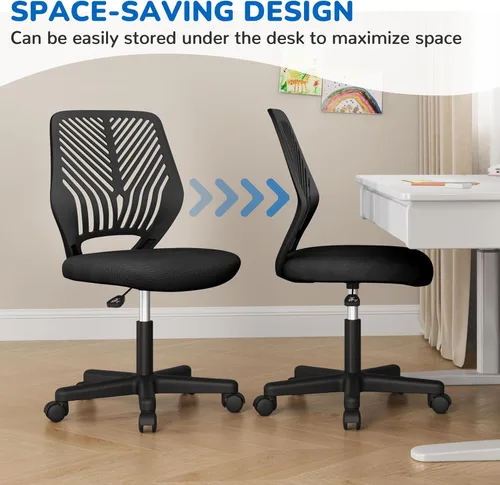 Vista 6 de Yaheetech Silla de oficina ergonómica de malla sin brazos, silla giratoria de respaldo medio con ruedas, silla de estudio de altura ajustable