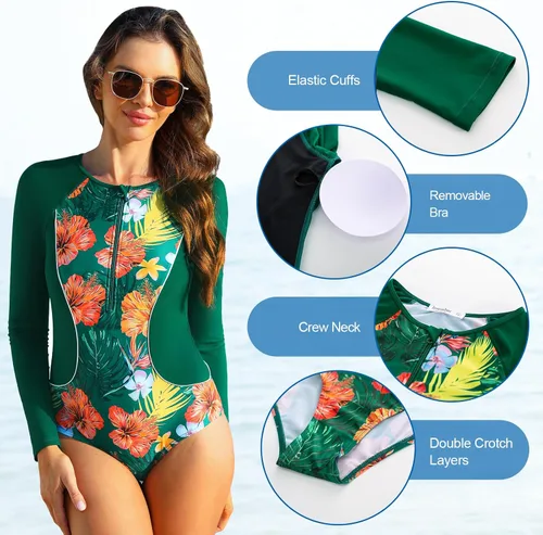 Vista 6 de JASAMBAC Traje de baño de manga larga para mujer, protección solar UPF 50+, con cremallera, de una pieza, estampado de surf