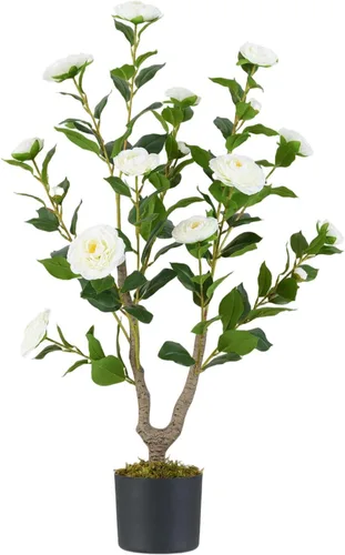 Vista 12 de Árbol de camelia artificial de 36 pulgadas con flores falsas Naranja