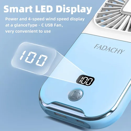 Vista 5 de Ventilador portátil recargable, mini ventilador de mano de 3000 mAh, funciona con pilas, pequeño ventilador de escritorio para oficina, exterior e
