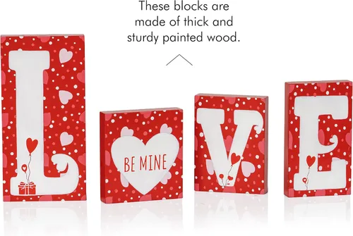Vista 2 de Bloques de amor de madera roja – Día de San Valentín romántico corazón letras de madera Bloque decorativo con corazones para estante de mantel sobre