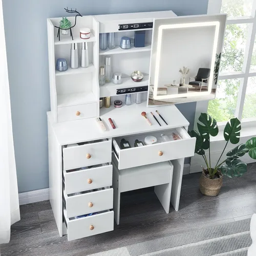 Vista 8 de Tocador blanco escritorio de maquillaje w/LED espejo deslizante taburete tocador tocador tocador
