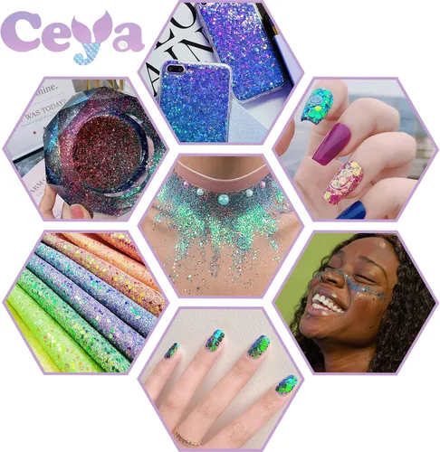Vista 5 de Ceya - Juego de purpurina camaleón gruesa de 18 colores, 6.3 oz/180 g, polvo de purpurina artesanal con cambio de color, cada 15 ml, copos