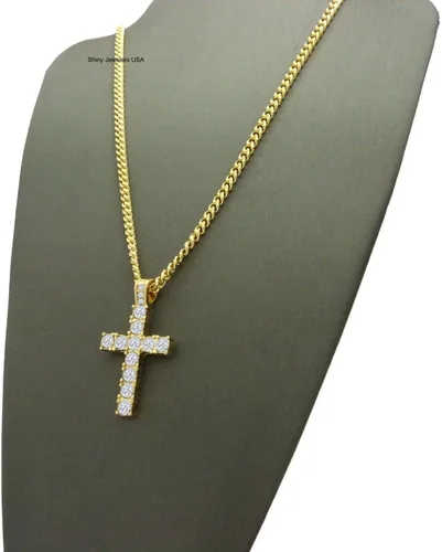 Vista 6 de Collar de cadena cubana con colgante de micro cruz de oro egipcio para hombre