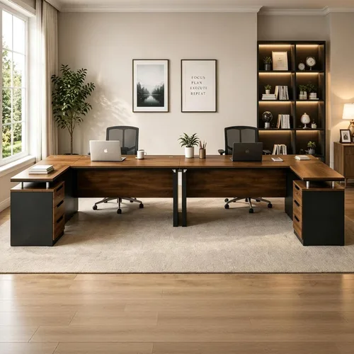 Vista 7 de Escritorio ejecutivo en forma de L de 63 pulgadas, escritorio industrial moderno de oficina de madera con cajones de bloqueo, gestión de cables