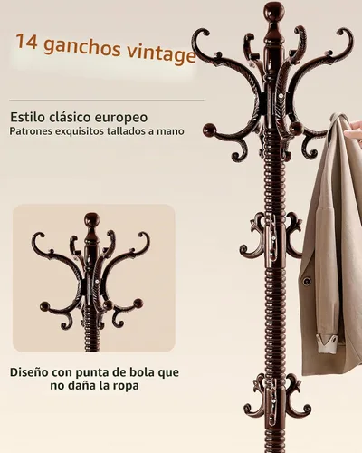 Vista 2 de Perchero de madera independiente, soporte de perchero de madera maciza con 14 ganchos, abrigo de pie vintage resistente, soporte de árbol