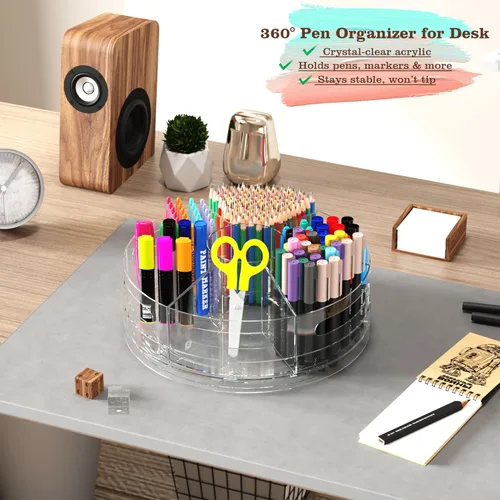 Vista 5 de CraftGenes Organizador de bolígrafos para escritorio, soporte acrílico para bolígrafos con agarres de mano, organizador de escritorio giratorio