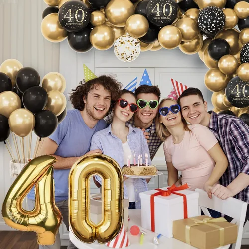 Vista 7 de Decoraciones de 40 cumpleaños para hombres y mujeres, globos de cumpleaños de 40 años negros y dorados para fiesta con pancarta de feliz 40