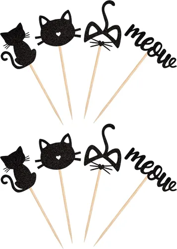Vista 3 de Paquete de 24 adornos para cupcakes de gato y miau, con purpurina negra, para gatitos, gatos, cupcakes, alimentos, amantes de los gatos, temática
