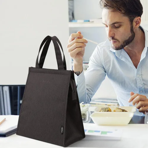 Vista 4 de Bolsa de almuerzo negra para hombres – Bolsa de almuerzo con cremallera para mujer, lonchera simple reutilizable aislada