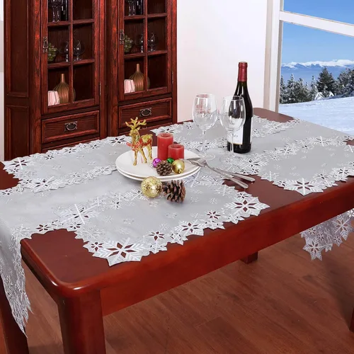 Vista 8 de Caminos de mesa bordados con copos de nieve para Navidad e invierno (plata, 14 x 34 pulgadas)
