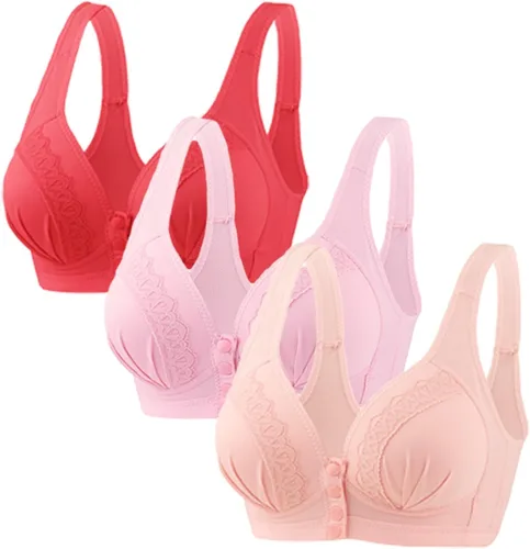 Vista 6 de Glamorette Snap Front Bra Older Women,Snap Front Bra, Sexy Lace Embroidered Bras,Pull-On Front Closure Button Bras 3 unidades de color negro.