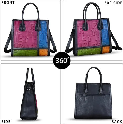 Vista 2 de Bolso de cuero genuino para mujer, bolso de cuero en relieve, bolso de mano con asa superior, bolso cruzado de trabajo
