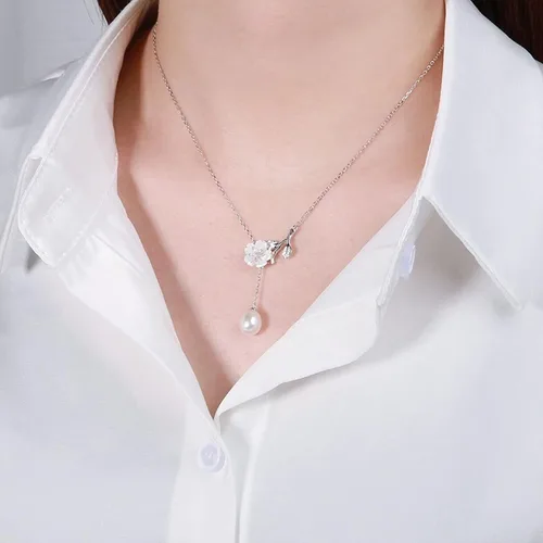 Vista 6 de Collar de plata S925 con colgante de perlas de agua dulce de 7 a 0.315in, forma de gota blanca, a la moda, todo a juego, joyería femenina, colgante