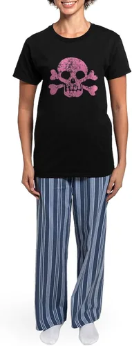 Vista 4 de CafePress Worn Pink Skull And Crossbones - Pijama oscuro para mujer