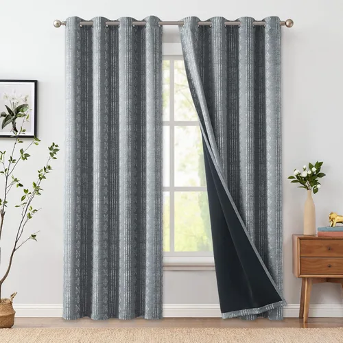 Vista 23 de jinchan - Cortinas bohemias 100% blackout de 54 pulgadas de largo para dormitorio, estampado geométrico negro sobre beige, con ojales