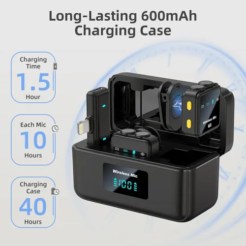 Vista 4 de VM32 Mini micrófono inalámbrico para iPhone 14/13/12, micrófono de teléfono con solapa Lavalier con estuche de carga de 40 horas, grabación de video