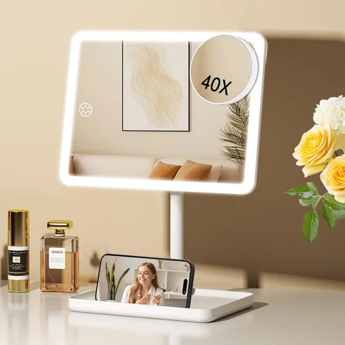 Vista 13 de FUNTOUCH Espejo de tocador de maquillaje recargable con luces, espejo de escritorio grande iluminado con 96 luces LED y aumento de 10x, iluminación