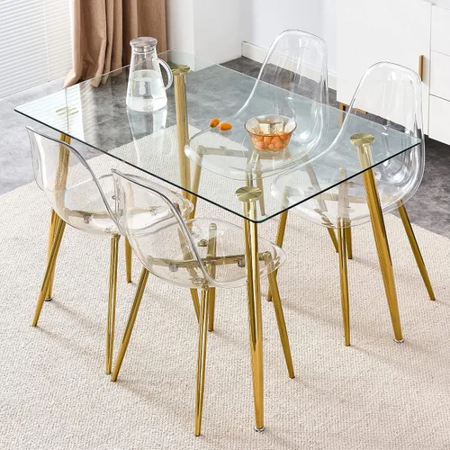 Vista 2 de Juego de mesa de comedor de cristal de 5 piezas, mesa de cocina y sillas de 51 pulgadas para 4, juegos de mesa de comedor transparentes con patas