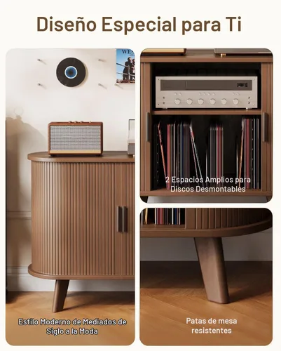 Vista 5 de Soporte para tocadiscos, mueble moderno de mediados de siglo con puertas correderas, gabinete de estantería de audio-video, soporte de medios