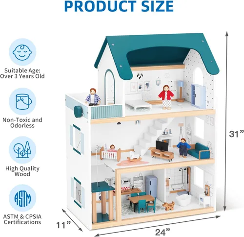 Vista 6 de OOOK Casa de muñecas de madera con elevador elevable, casa de muñecas moderna de 2.6 pies de alto para niños pequeños, incluye 21 muebles, 4 muñecas
