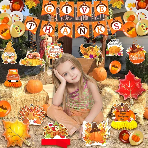 Vista 5 de Suministros de decoración de fiesta de Acción de Gracias, decoraciones de otoño de Acción de Gracias, incluyendo pancarta de Acción de Gracias