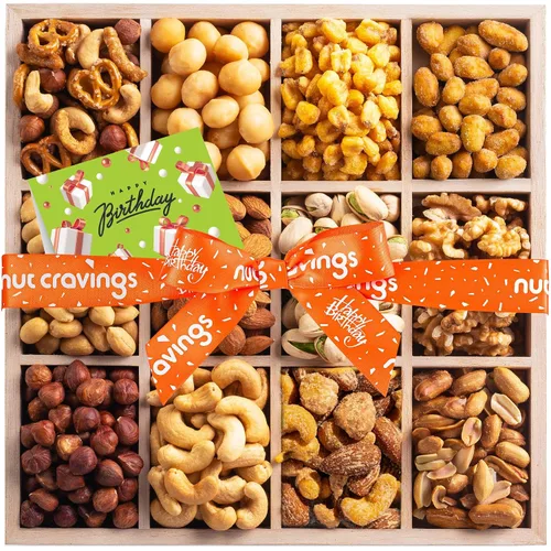 Vista 8 de NUT CRAVINGS - Cesta de regalo de nueces mixtas en bandeja de madera de diamante reutilizable + cinta verde (12 surtidos) golosinas para adultos