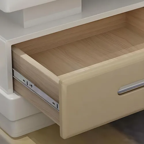 Vista 4 de RUNNUP Mesa de centro rectangular moderna de vidrio con base de madera blanca y almacenamiento de 2 niveles, mesa central de sofá para sala de Beige