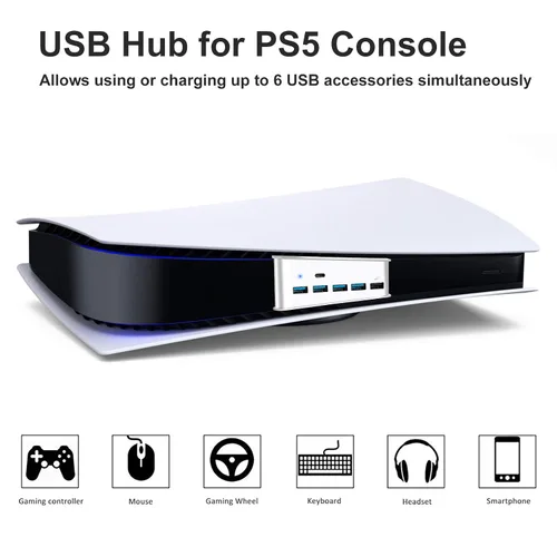 Vista 4 de EEEKit Hub USB de 5 puertos para PS5, PS5 USB de alta velocidad con 4 USB + 1 puerto de carga USB y 1 puerto tipo C, conector extensor USB Plug &