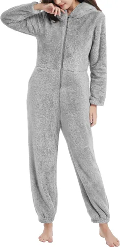 Vista 3 de COZYPOIN Pijama con capucha de forro polar para mujer, con cremallera, ropa de dormir con orejas