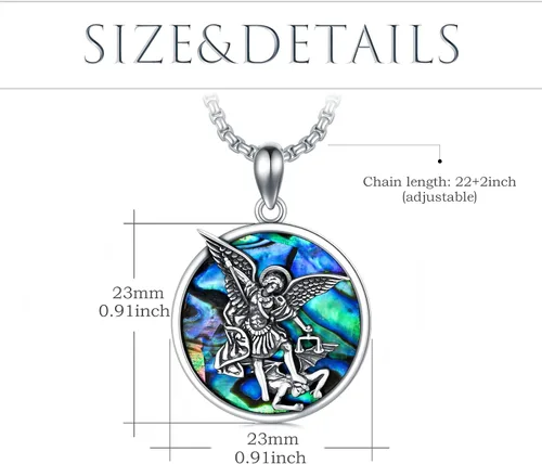 Vista 4 de Shusukue Collar con colgante de plata de ley 925 con concha de abulón medalla redonda de San Miguel Jude Antonio Pedro para hombres mujeres niños