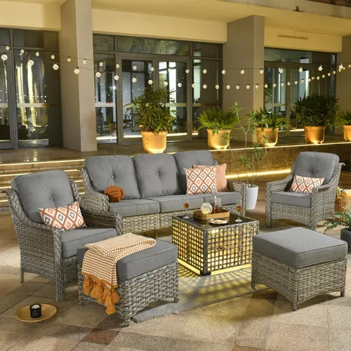 Vista 8 de ovios Muebles de patio al aire libre de 4 piezas con sofá de 3 asientos, juego de cubierta de mimbre de ratán con respaldo alto, sofá individual