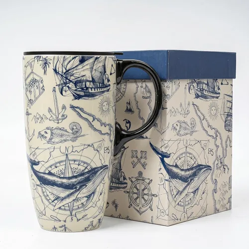 Vista 10 de Taza de cerámica de viaje de Voltugar con tapa y asa para el hogar y la oficina, taza de té alta de porcelana con diseño de olas y caja