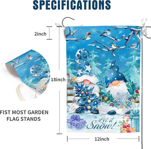 Vista 4 de Bandera de jardín de copos de nieve de gnomo azul de doble cara, Let it Snow Invierno decorativo para casa, patio, bandera pequeña al aire libre