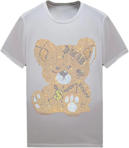 Vista 38 de HZCX FASHION Camiseta con strass brillante para Hombres y Mujeres, manga corta, con pedrería, para festivales de rock, con gemas, de algodón