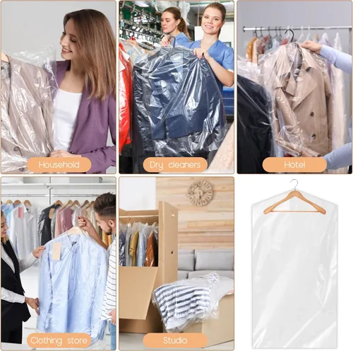 Vista 7 de Bolsas de ropa para colgar ropa, 90 bolsas de limpieza en seco, bolsas de limpieza en seco de plástico transparente de 35.4 pulgadas, cubierta