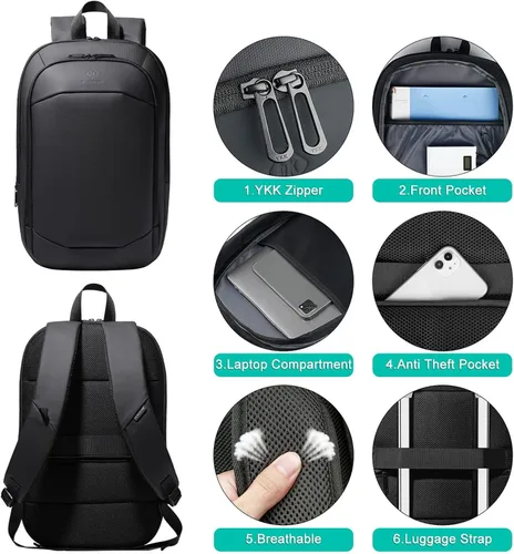 Vista 6 de hk Mochila de negocios para hombres de 15.6 pulgadas, delgada y expandible, impermeable, mochila de viaje para laptop, bolsa de trabajo ligera