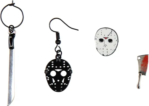Vista 2 de Friday The 13th - Juego de aretes colgantes con espalda cerrada, paquete de 4, Metal, Sin gemas.