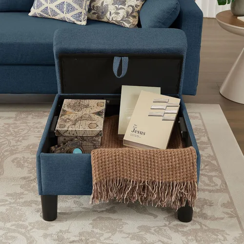 Vista 2 de Sofá Seccional Convertible de 101" con Mesa de Centro Otomana, Sofá Moderno de Tela de Lino en Forma de U con Bolsillo de Almacenamiento, Sofá Azul