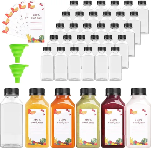 Vista 9 de OBKJJ 80 unidades de botellas de jugo de 4 onzas, botellas de jugo con tapas reutilizables, botellas vacías transparentes con etiqueta, embudo