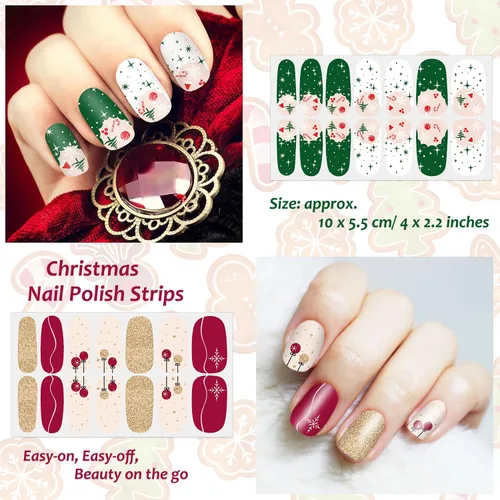 Vista 3 de 16 hojas de tiras de esmalte de uñas de Navidad, autoadhesivas, luces de árbol de Navidad, copo de nieve, muñeco de nieve, calcomanías de uñas