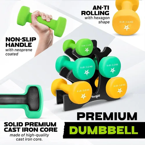Vista 4 de Yes4All - Juego de mancuernas de neopreno con estante/3 pares de 3, 5 y 8 libras para cualquier entrenamiento de gimnasio en casa, antideslizantes