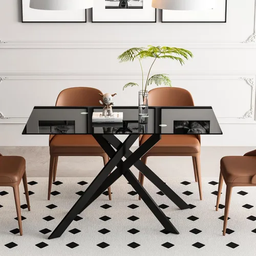 Vista 9 de Mesa de comedor de vidrio negro de 51.2 pulgadas para 4, mesa rectangular de comedor de cocina para 4, mesa rectangular de vidrio templado de 0.32